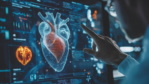  Futuristische Medizintechnik: 3D-holografische Projektion des menschlichen Herzens mit Gehirnscan