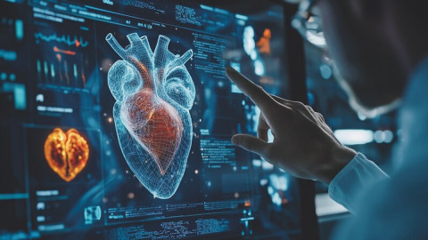  Futuristische Medizintechnik: 3D-holografische Projektion des menschlichen Herzens mit Gehirnscan