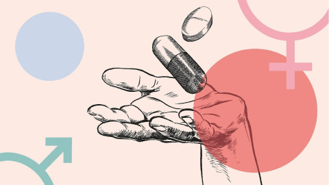 Grafik einer Hand mit einer Pille in der Hand und die beiden Geschlechtssymbole